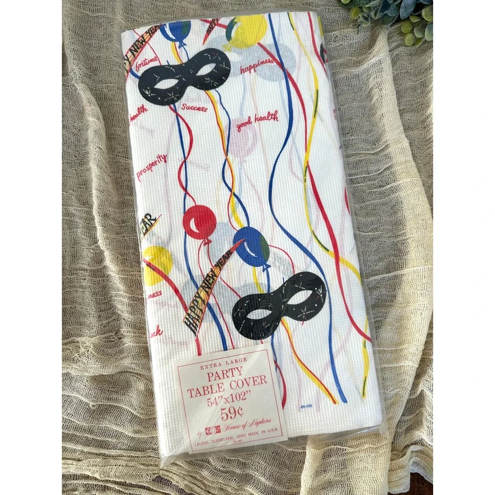 Happy New Year House of Napkins vintage party supply table cover 54x102 balloons